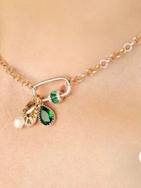 Ettika 14k Gold Plated Chain Charm Necklace w/Green Crystal Freshwater Pearl NWT
